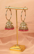 Hoop Style Ruby Hanging Jhumka In Antique Gold Polish