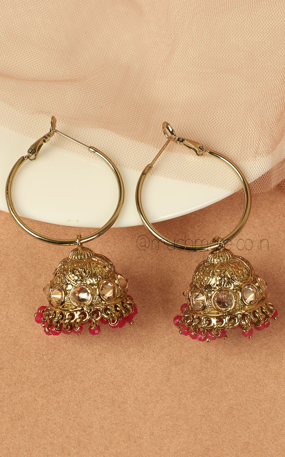 Hoop Style Ruby Hanging Jhumka In Antique Gold Polish