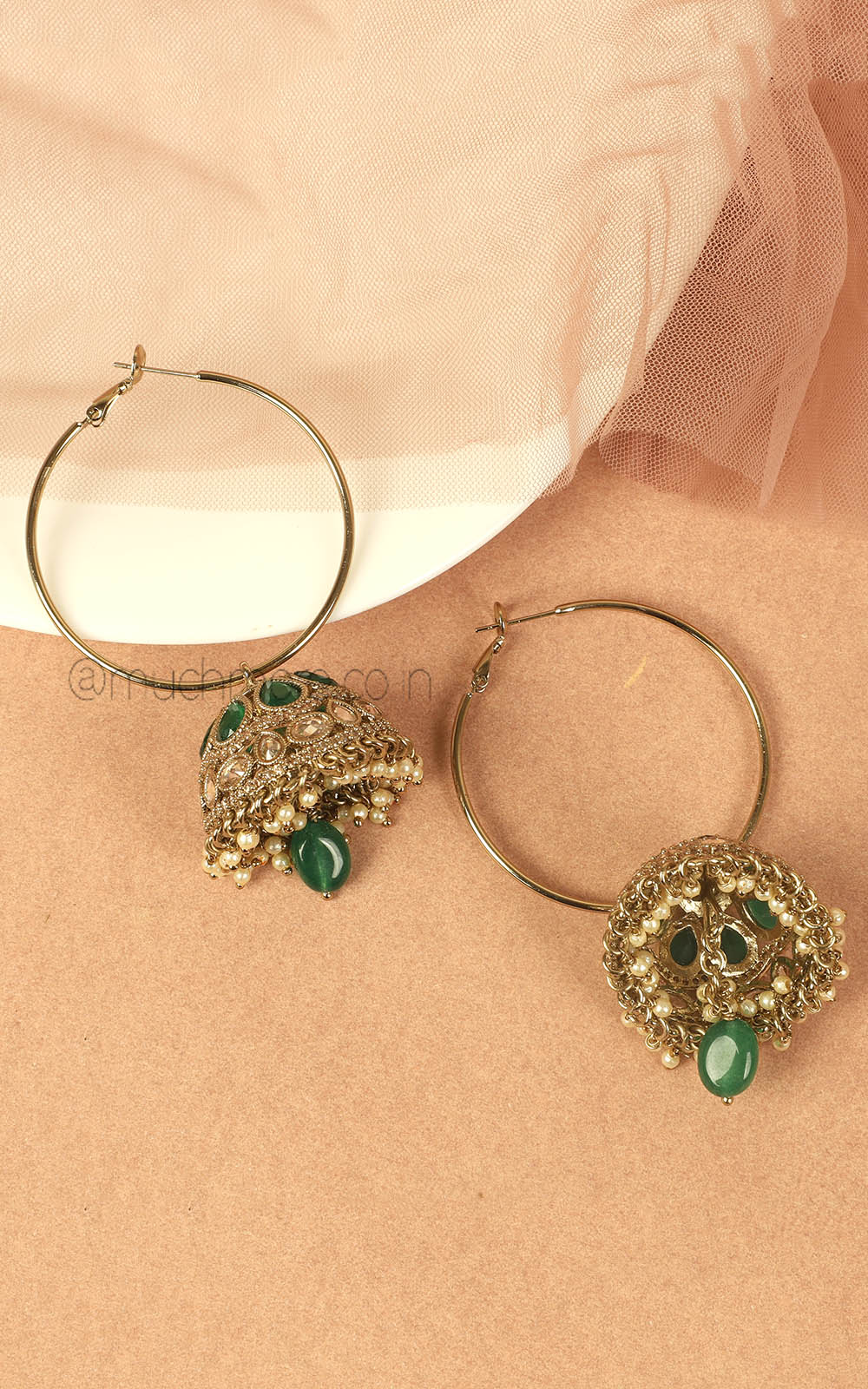 Hoop Style Emerald Green And Champagne Color Jhumka