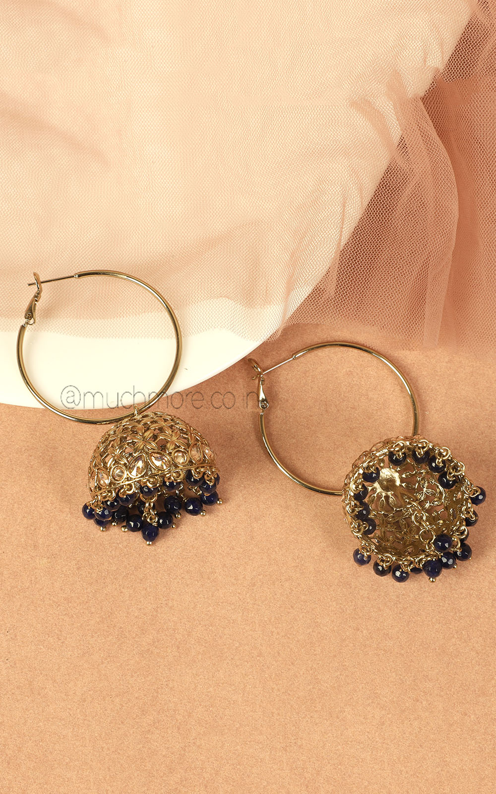 Navy Blue Drops Antique Gold Polish Hoop With Jhumka Earrings