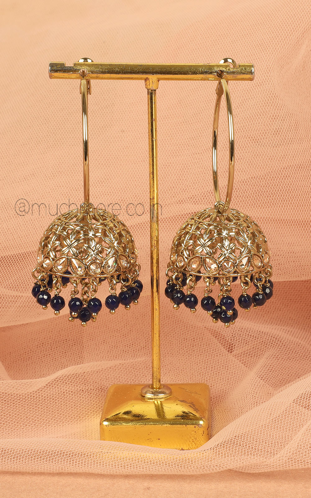 Navy Blue Drops Antique Gold Polish Hoop With Jhumka Earrings