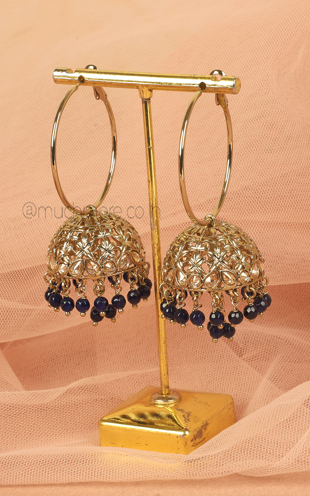 Navy Blue Drops Antique Gold Polish Hoop With Jhumka Earrings