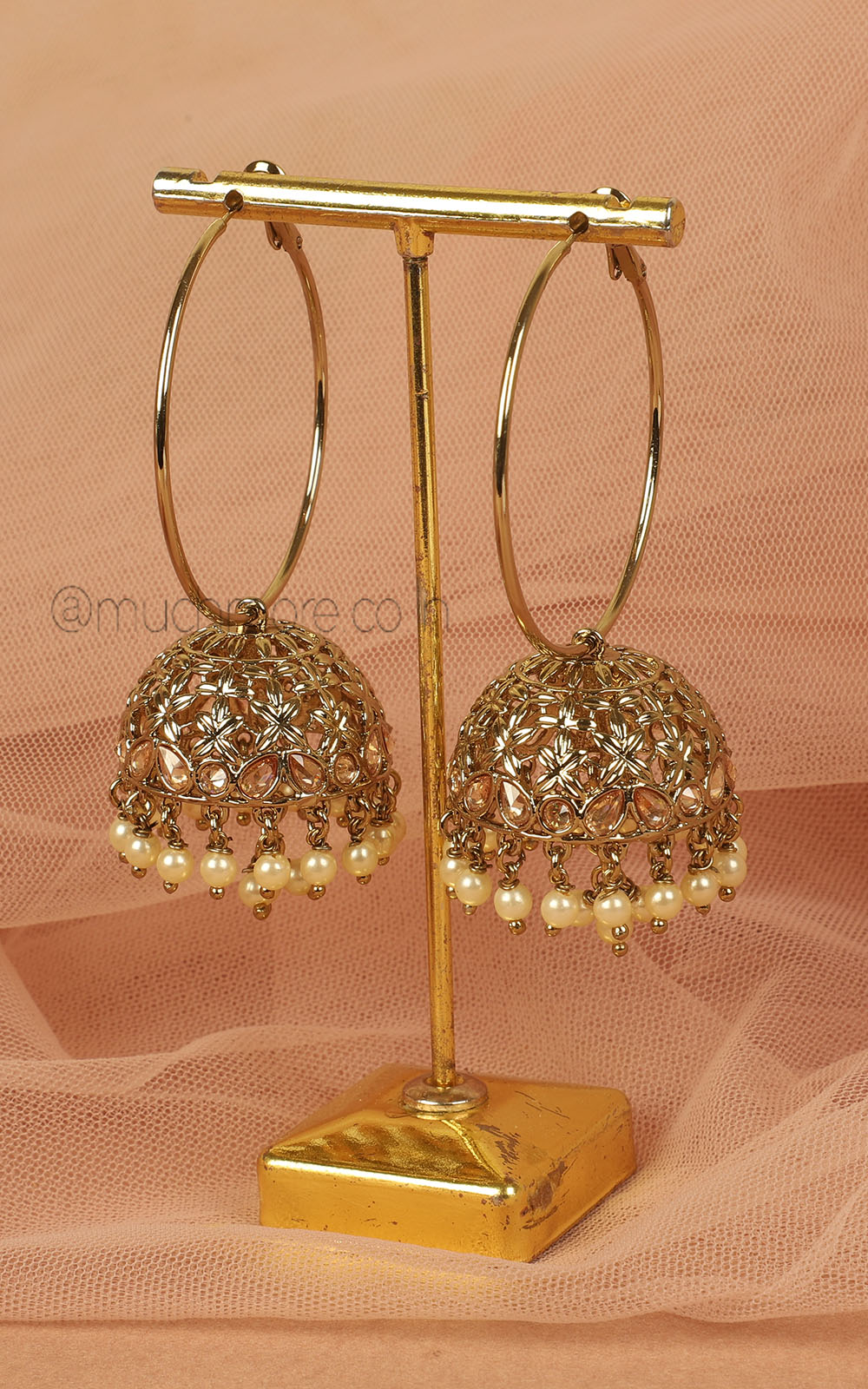 Pearl Drops Antique Gold Polish Hoop With Jhumka Earrings