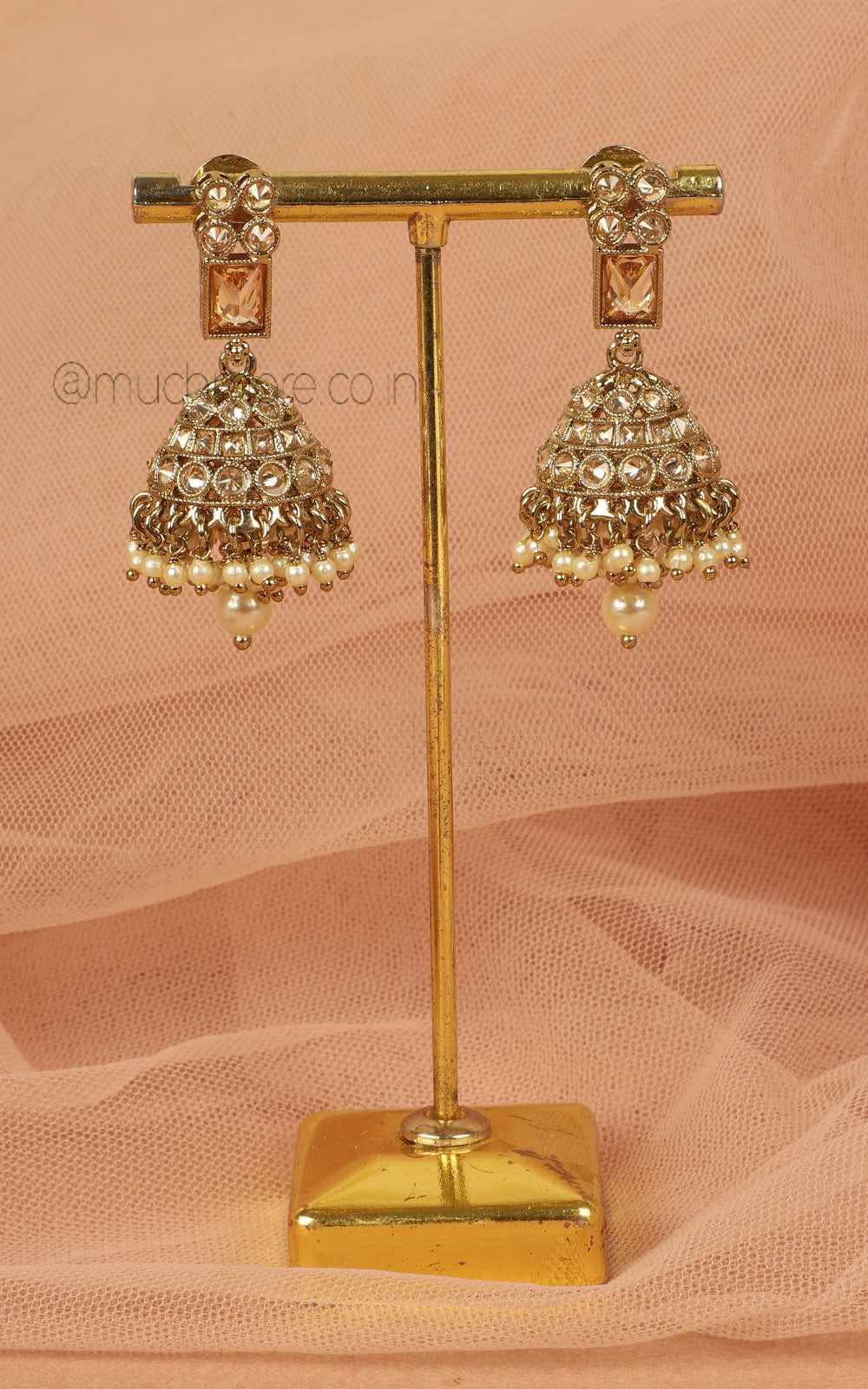 Champagne Color Jhumka Earrings With Pearl Drops
