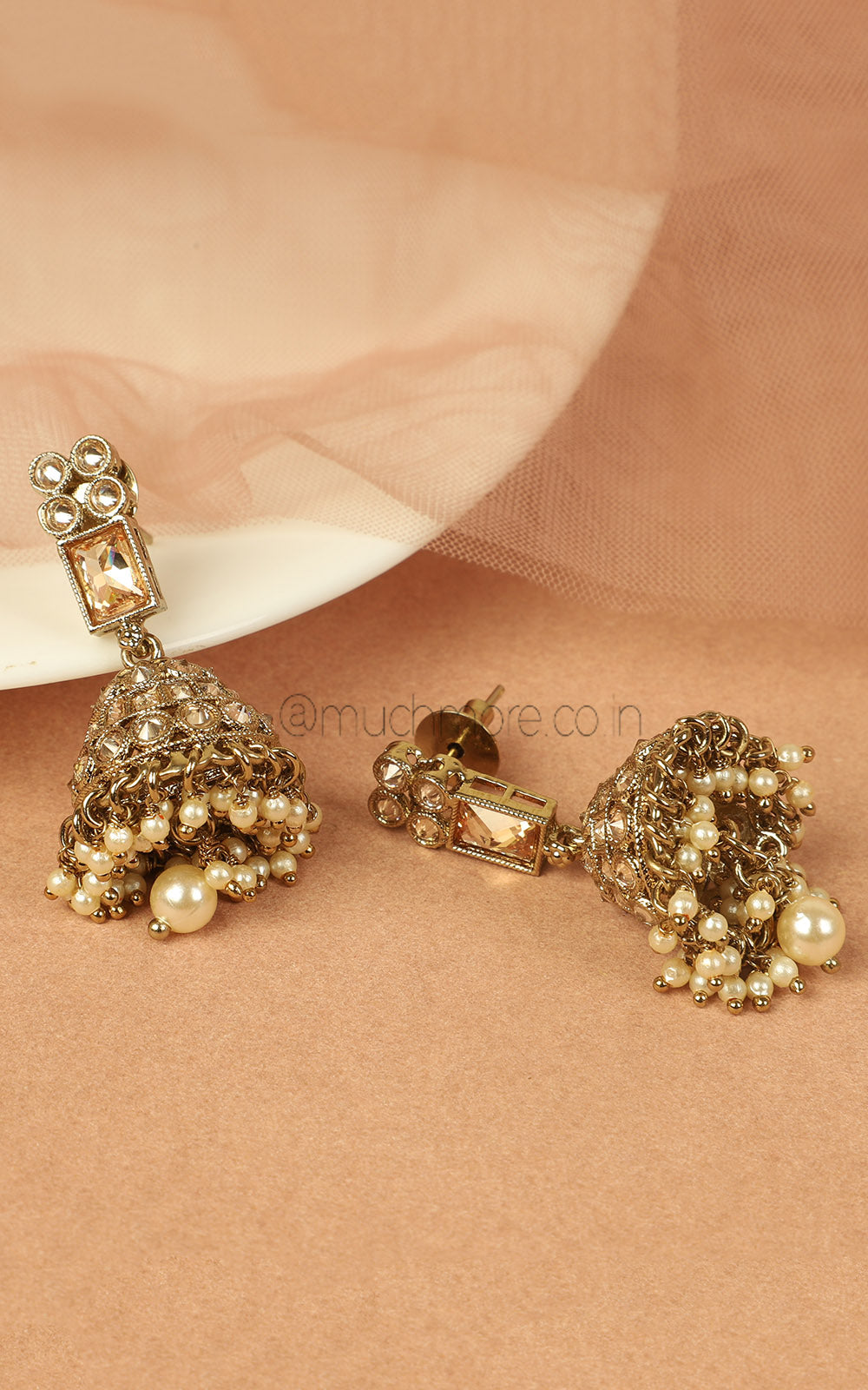 Champagne Color Jhumka Earrings With Pearl Drops