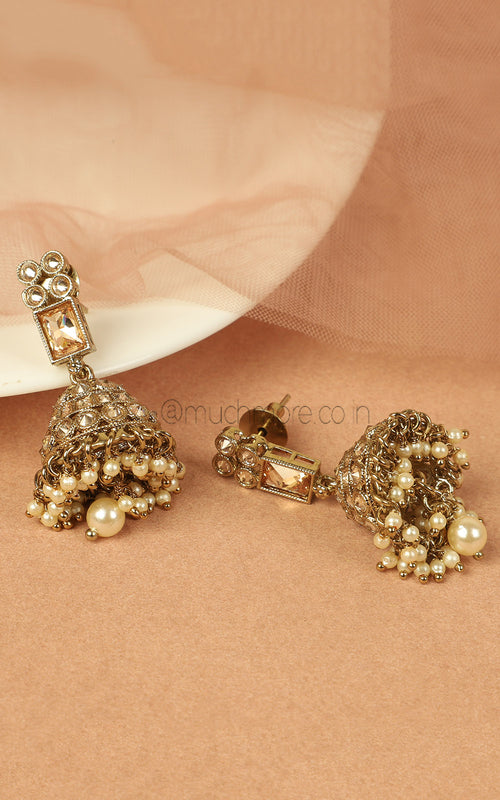 Champagne Color Jhumka Earrings With Pearl Drops