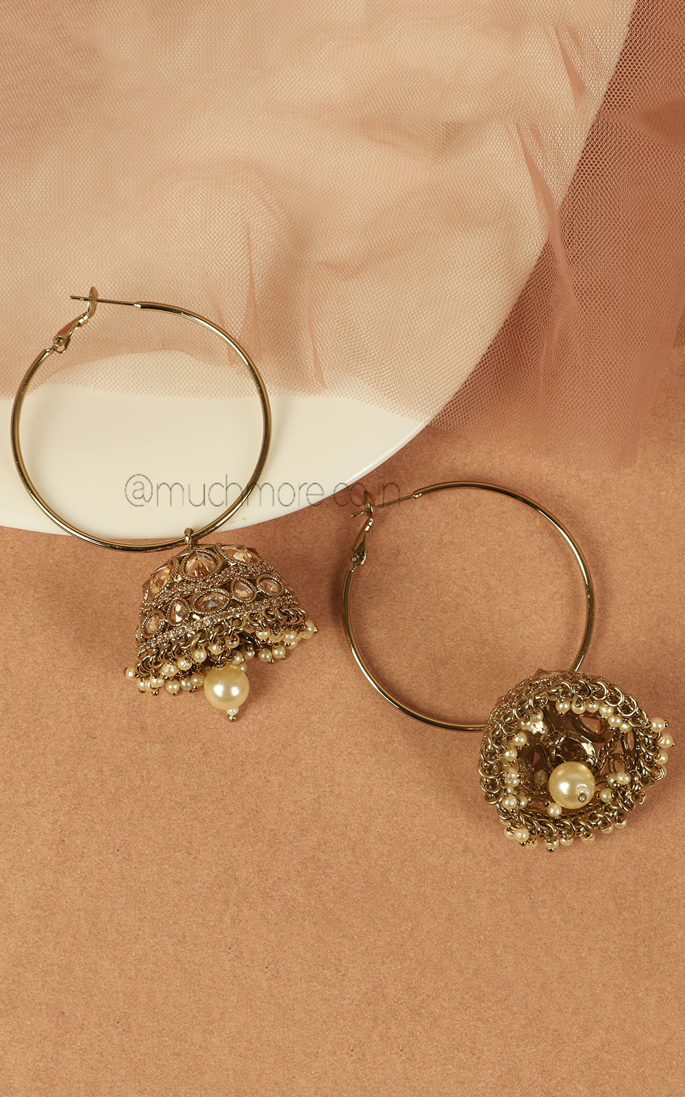 Light Weight Antique Gold Jhumka Earrings With Champagne Color