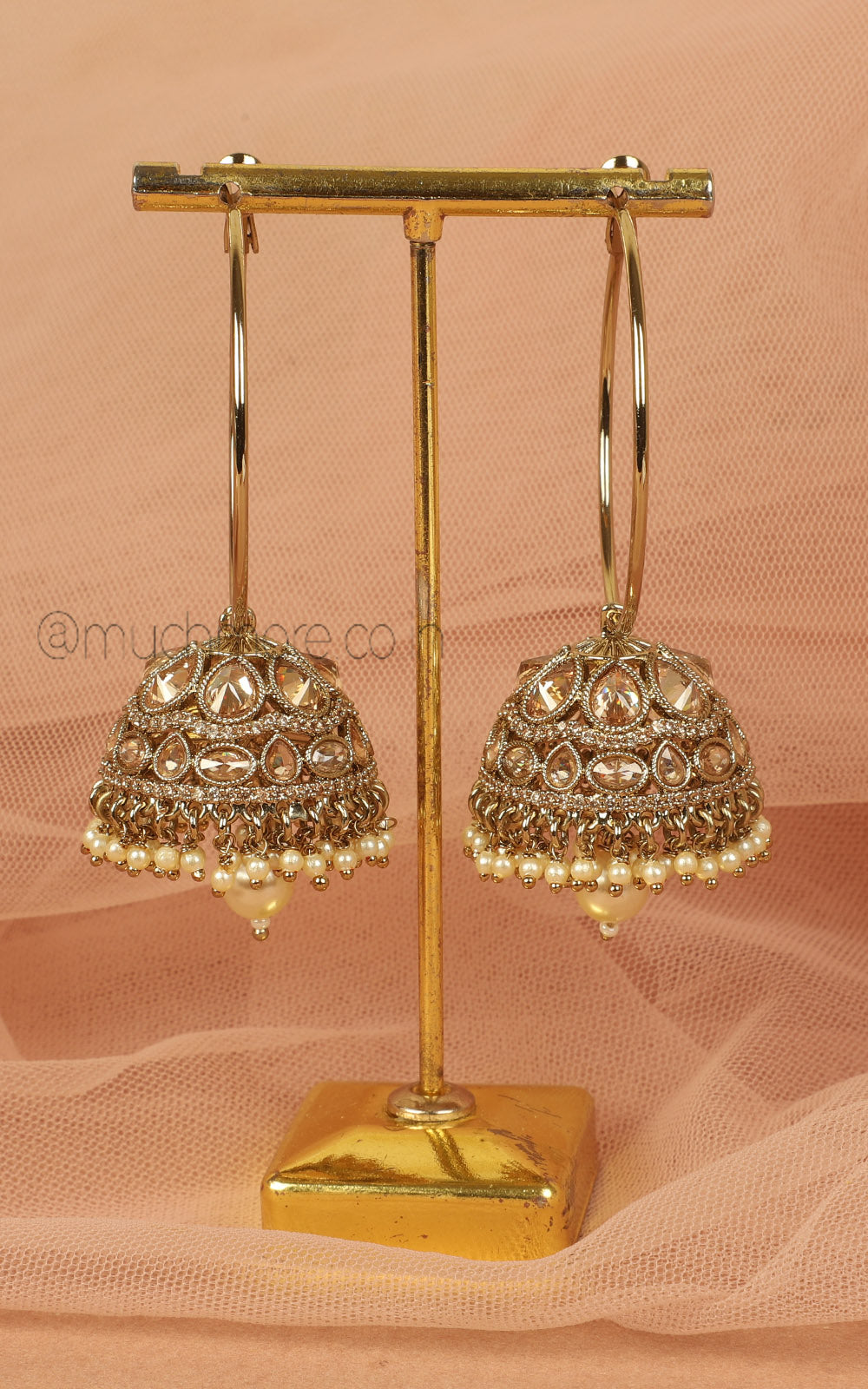 Light Weight Antique Gold Jhumka Earrings With Champagne Color