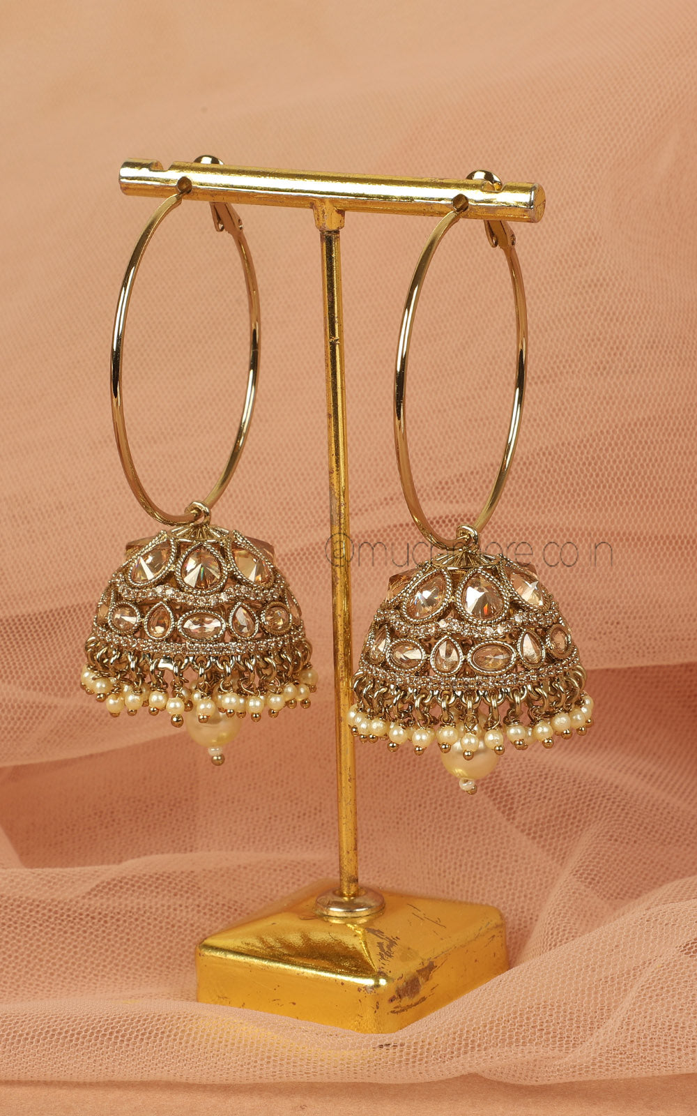 Light Weight Antique Gold Jhumka Earrings With Champagne Color