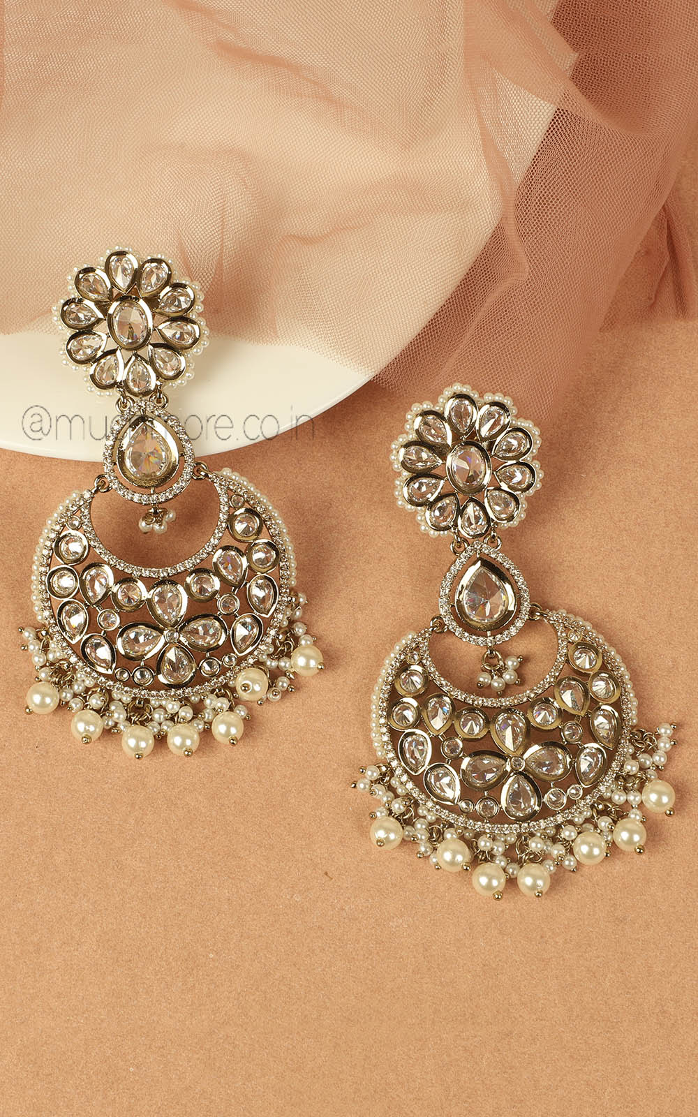 Oversized Light Gold Chandbali Latest Design Pearl Earrings