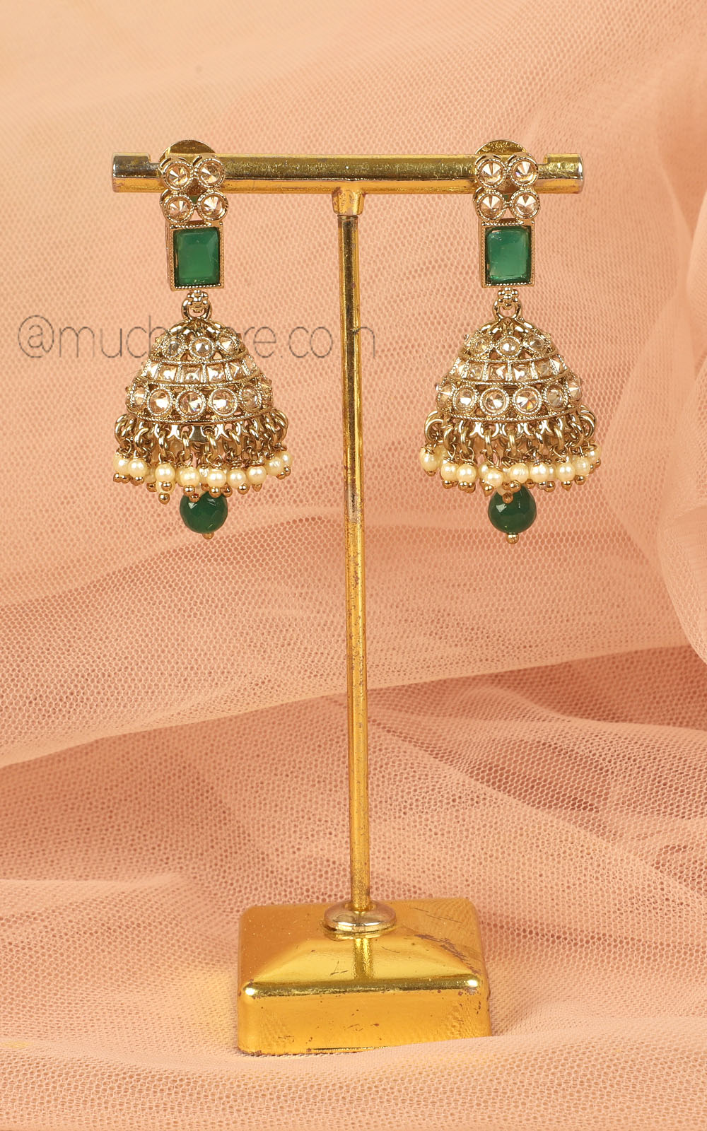Emerald Green And Antique Gold Polish Jhumka Earrings