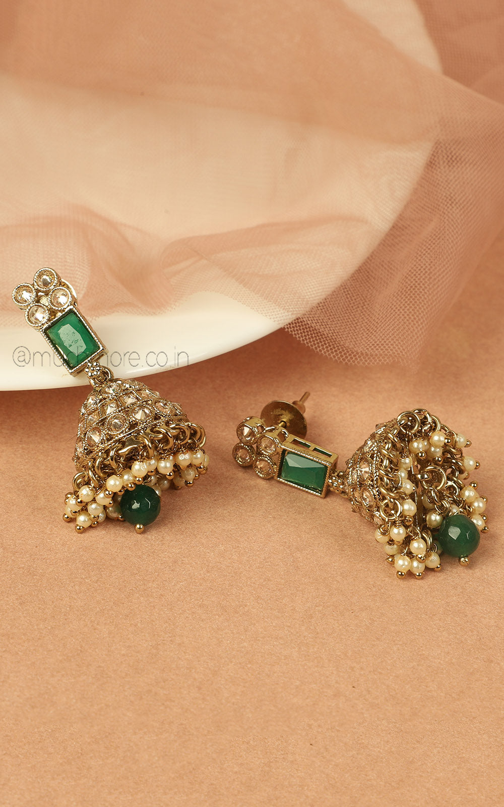 Emerald Green And Antique Gold Polish Jhumka Earrings