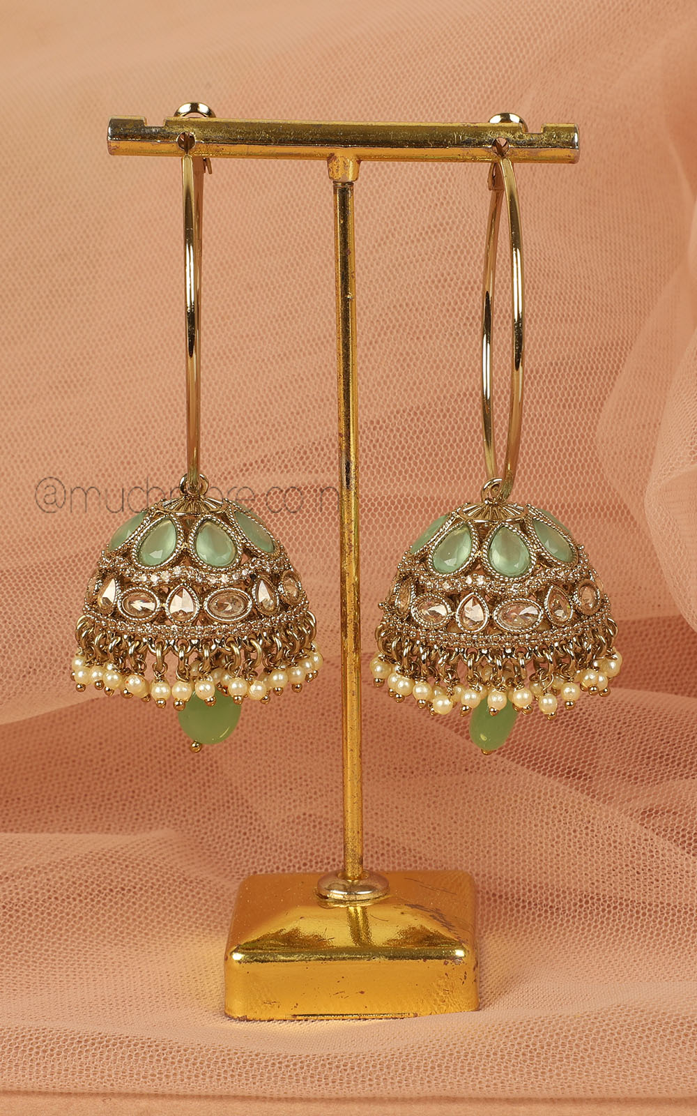 Long Hoop Jhumka Earrings Antique Gold In Mint Green Color