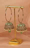 Long Hoop Jhumka Earrings Antique Gold In Mint Green Color