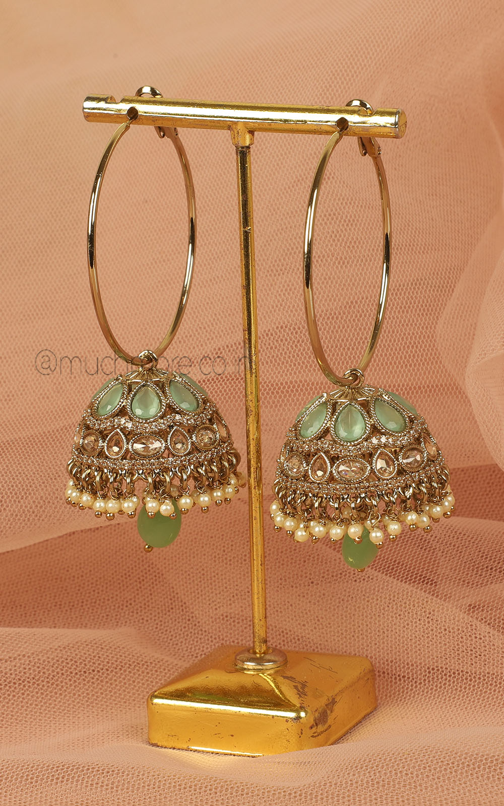 Long Hoop Jhumka Earrings Antique Gold In Mint Green Color
