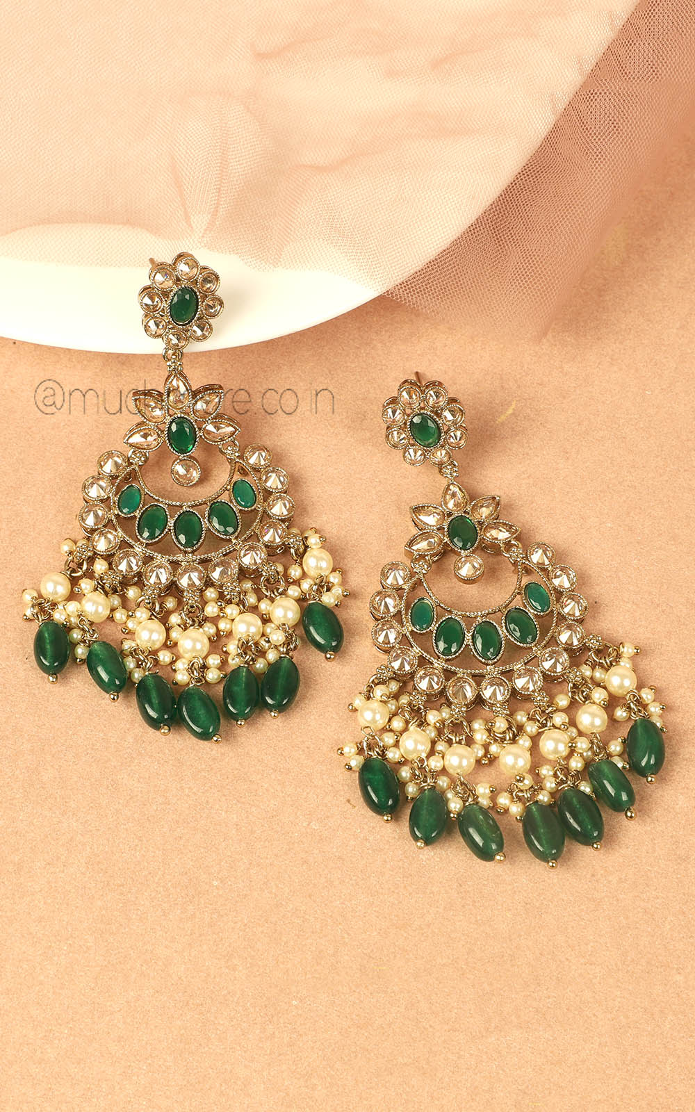 Over Sized Traditional Earrings With Emerald Green Drops