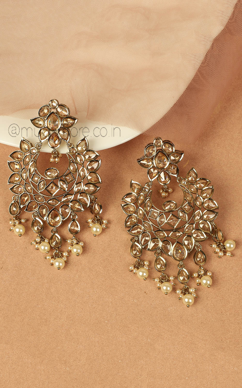 Long Antique Gold Pearl Traditional Earrings For Women