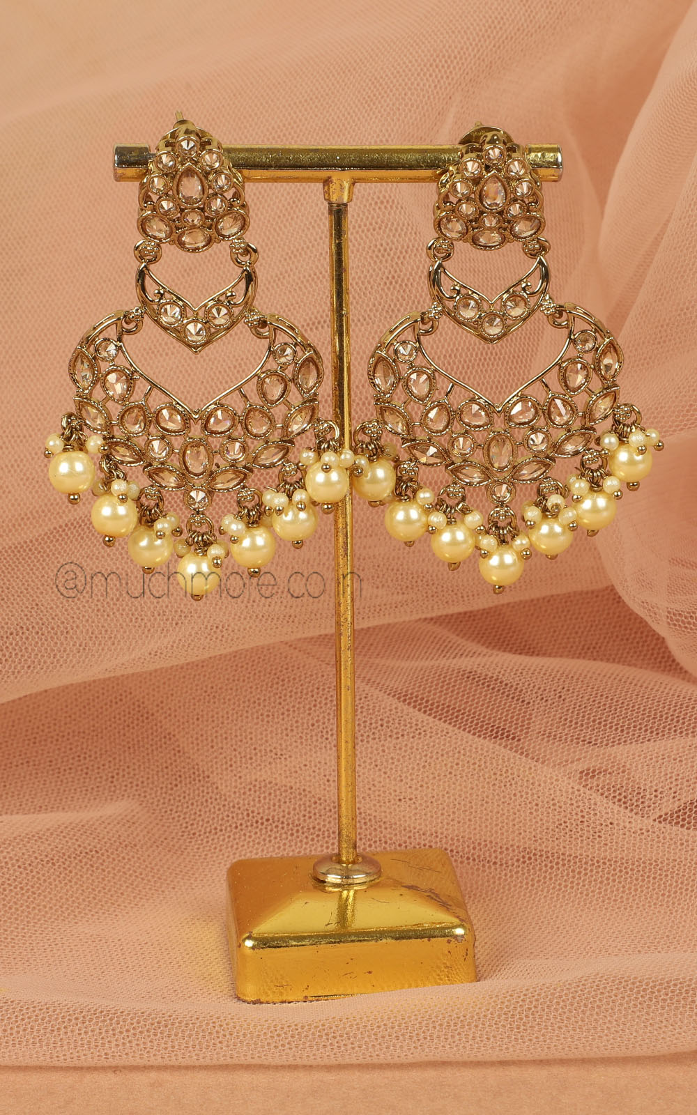 Reverse AD Champagne Color Earrings With Pearl Drops