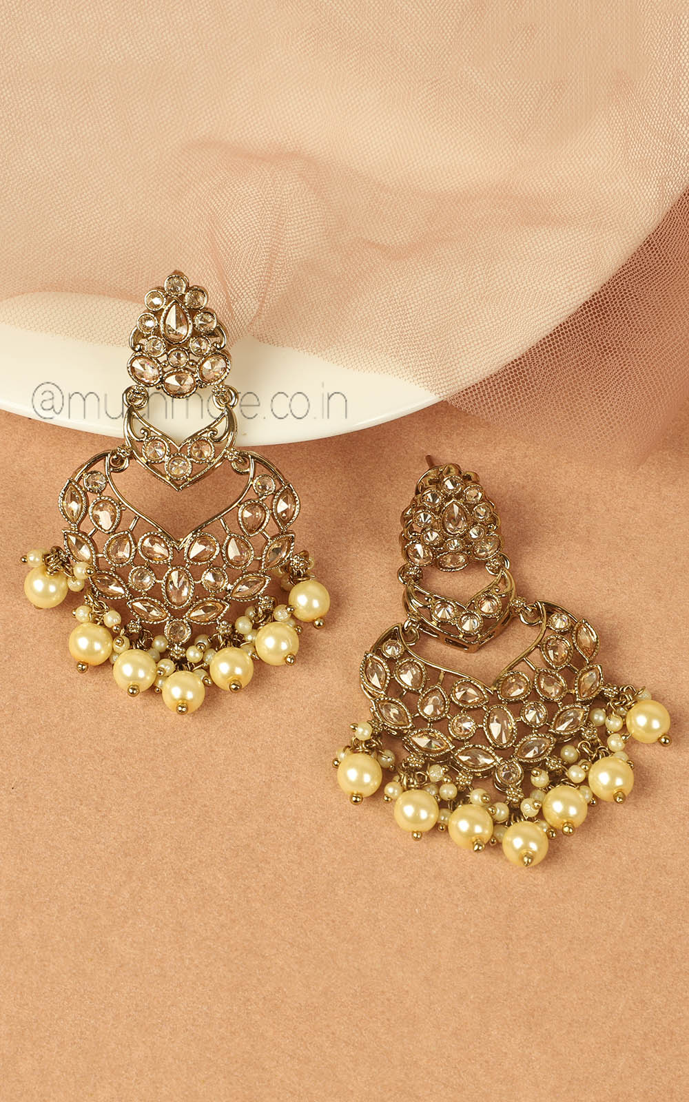 Reverse AD Champagne Color Earrings With Pearl Drops