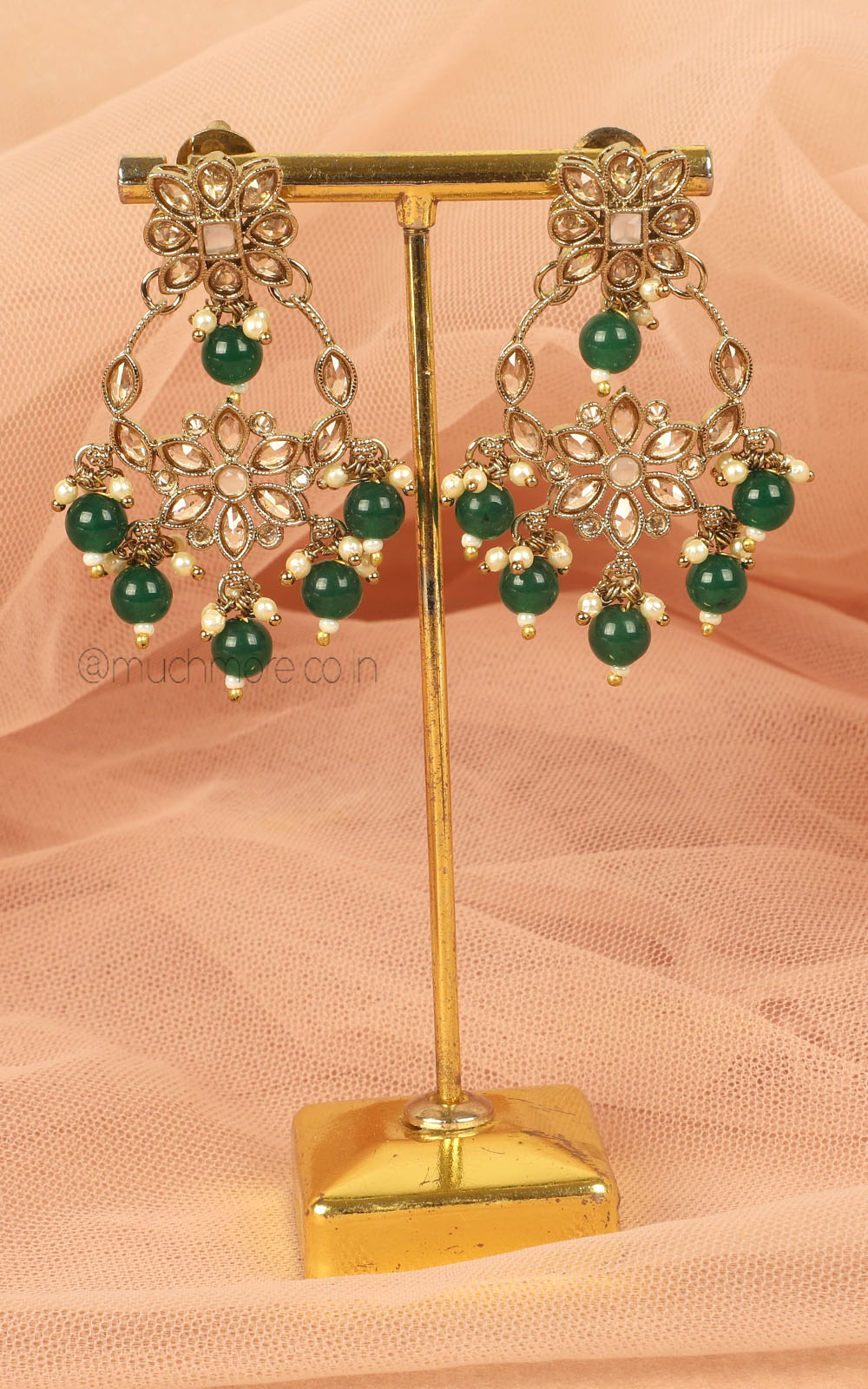 Reverse AD And Emerald Green Beads Antique Gold Earrings