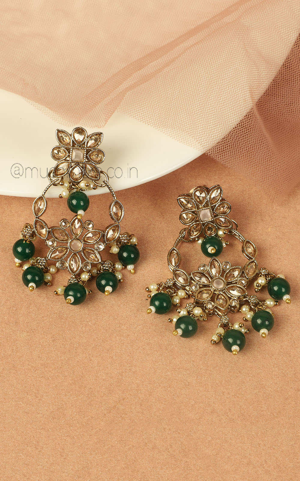 Reverse AD And Emerald Green Beads Antique Gold Earrings