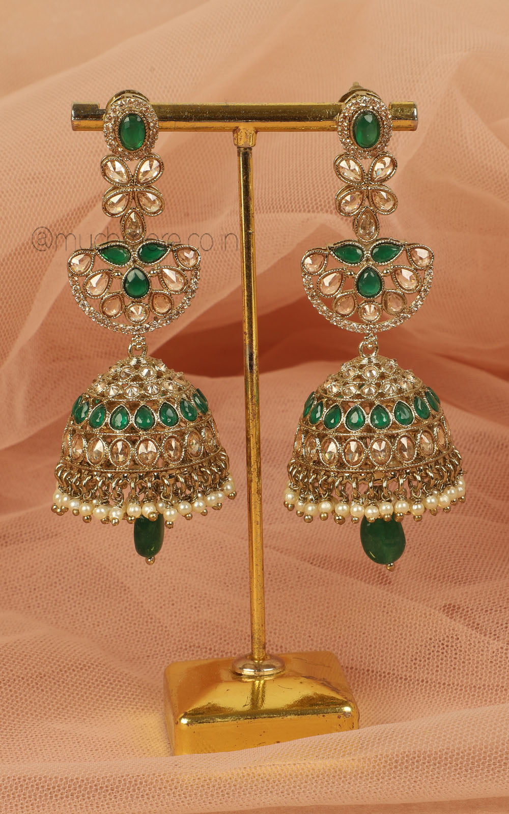 Emerald Green Long Jhumka Earrings In Antique Gold Polish Online
