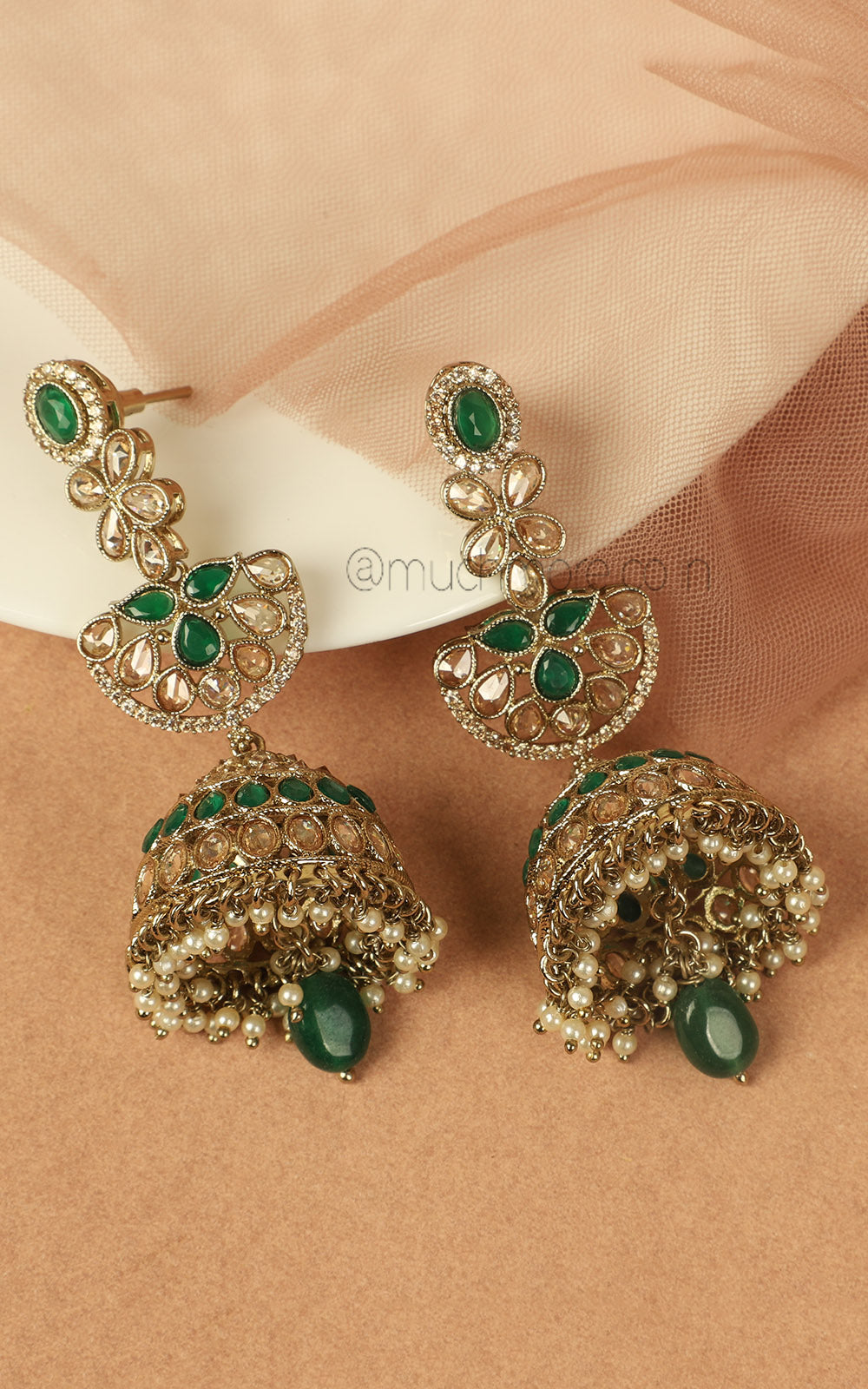 Emerald Green Long Jhumka Earrings In Antique Gold Polish Online