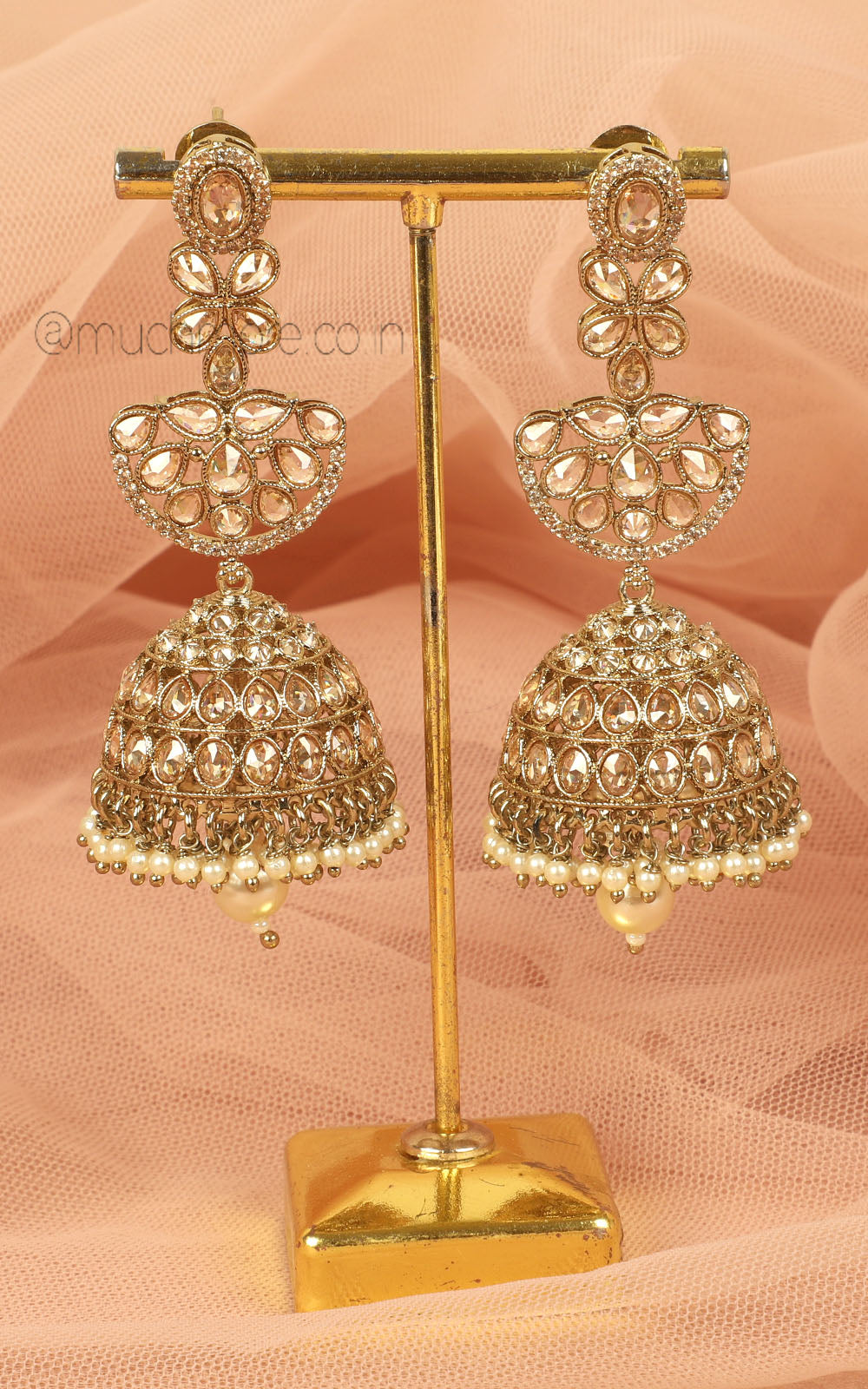 Champagne Long Jhumka Earrings In Antique Gold Polish Online