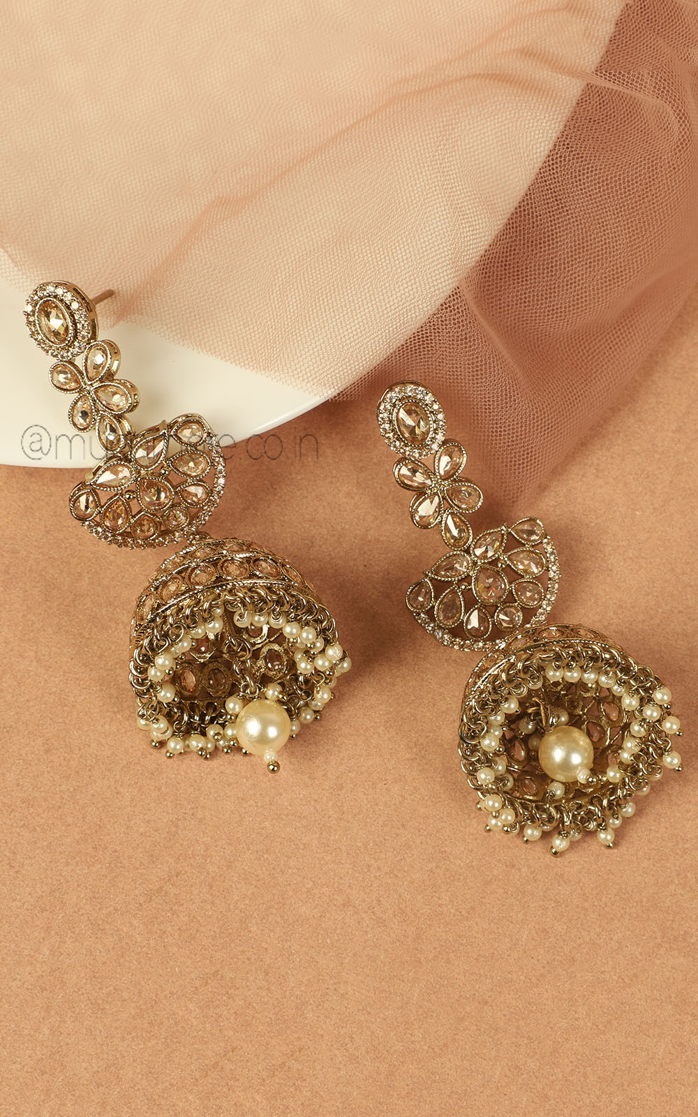 Champagne Long Jhumka Earrings In Antique Gold Polish Online