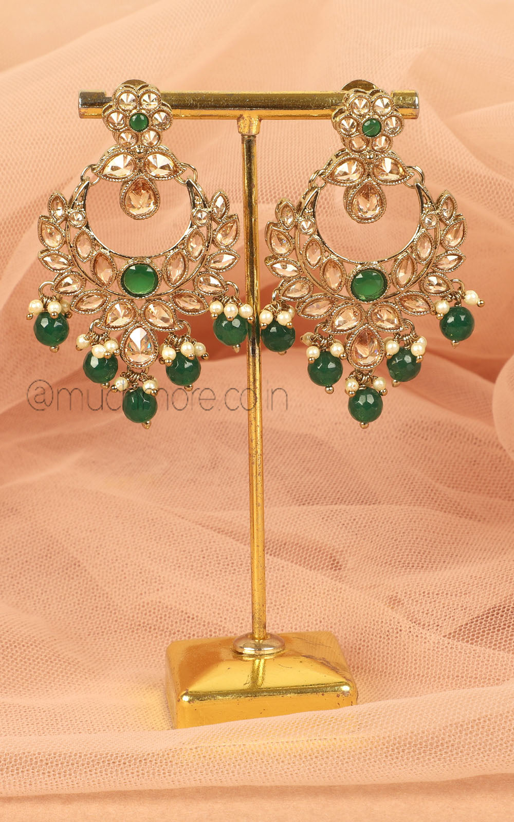 Reverse AD Low Price Earrings With Emerald Green Beads