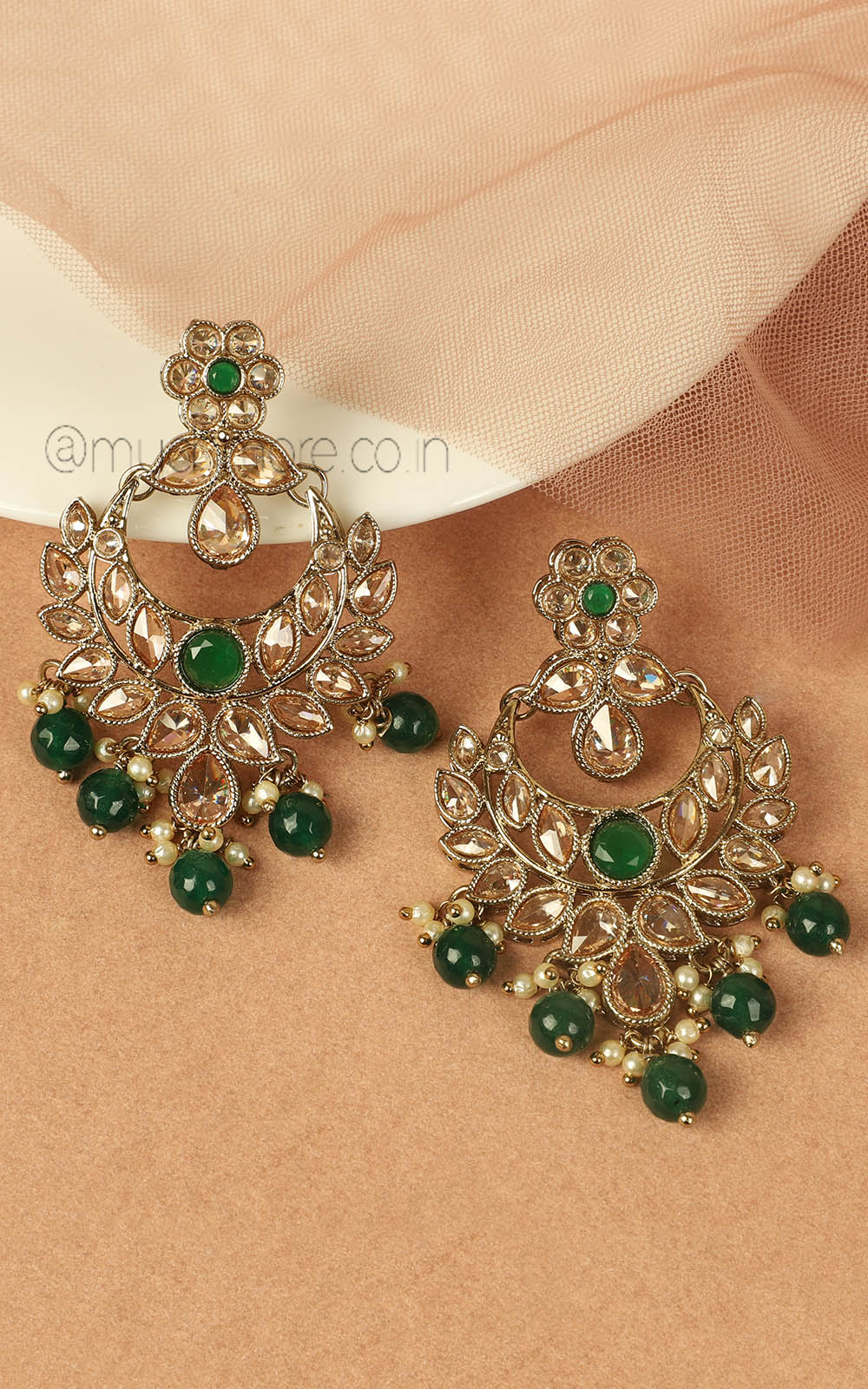 Reverse AD Low Price Earrings With Emerald Green Beads