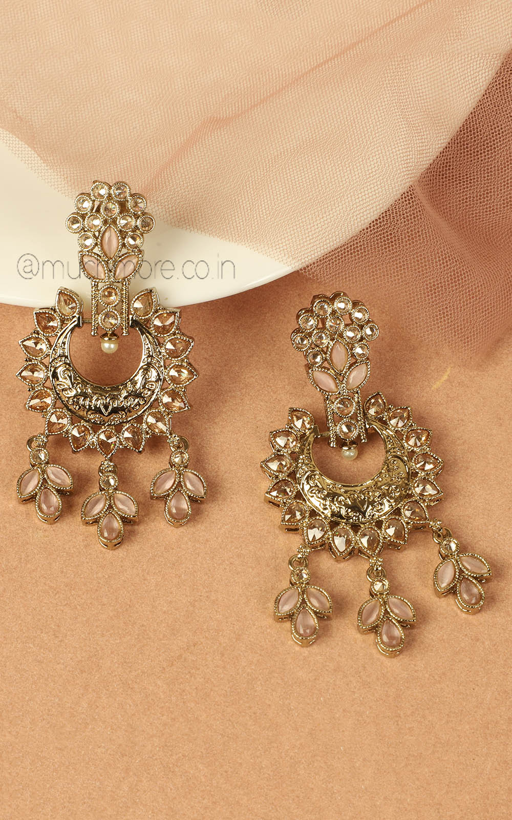 Ethnic Antique Gold Light Pink Earrings For Women