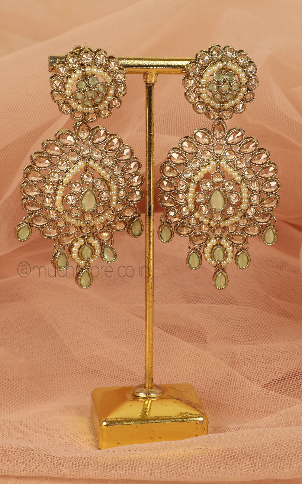 Mint Green And Reverse AD Pearl Long Women Earrings