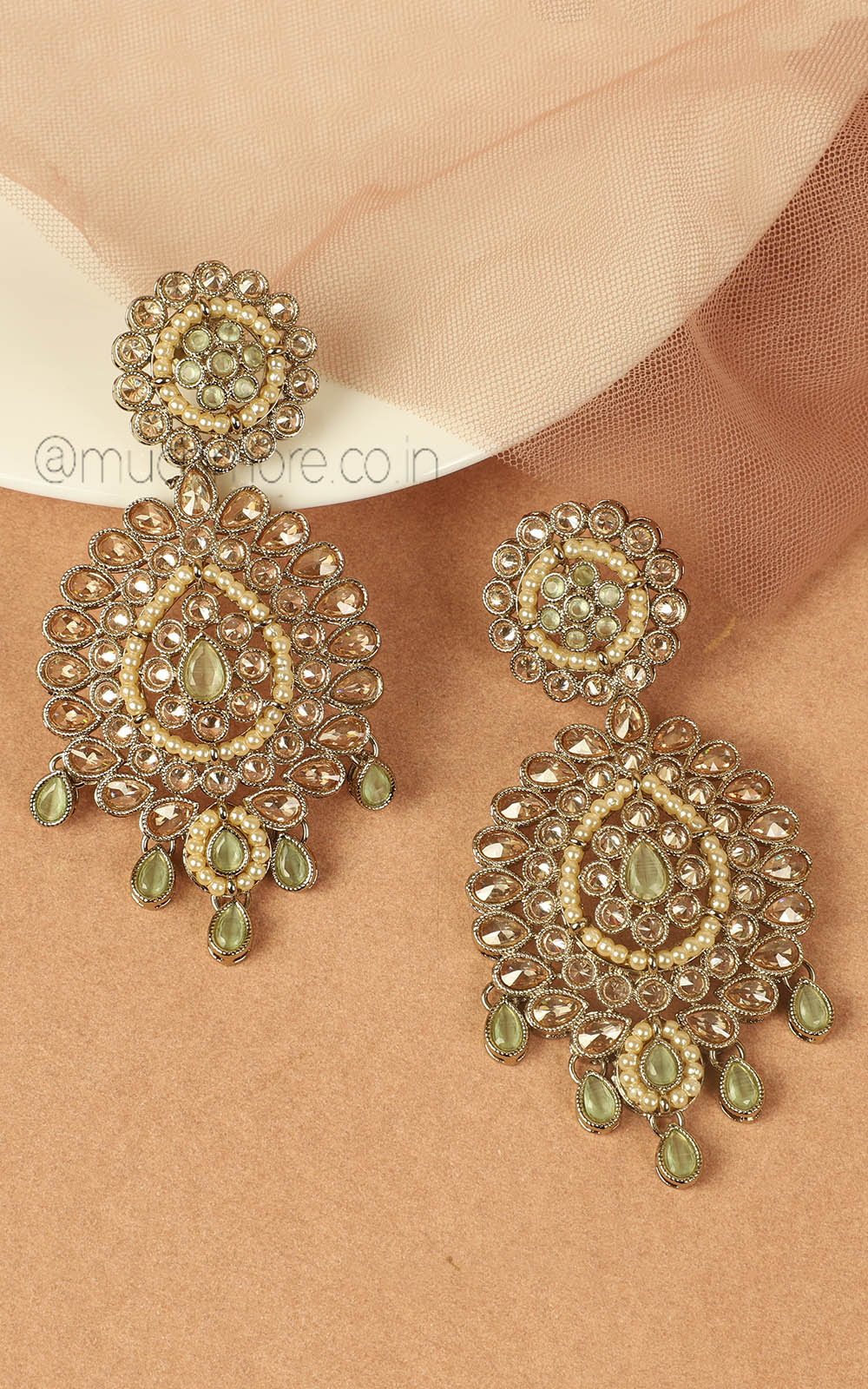 Mint Green And Reverse AD Pearl Long Women Earrings