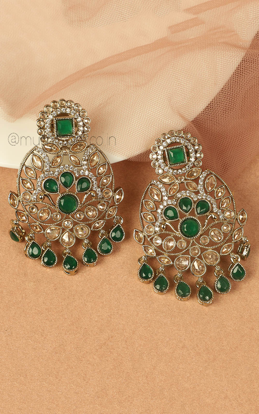 Wedding Antique Gold Emerald Green Earrings Online India