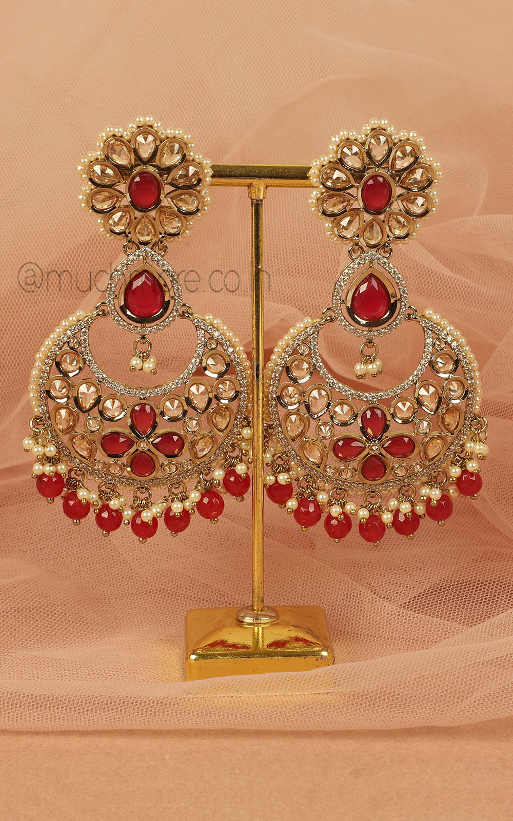 Ruby Drop Antique Gold Polish Earrings In Big Size