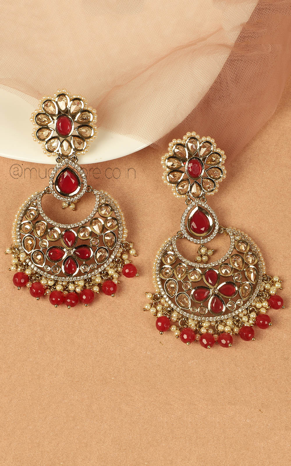 Ruby Drop Antique Gold Polish Earrings In Big Size