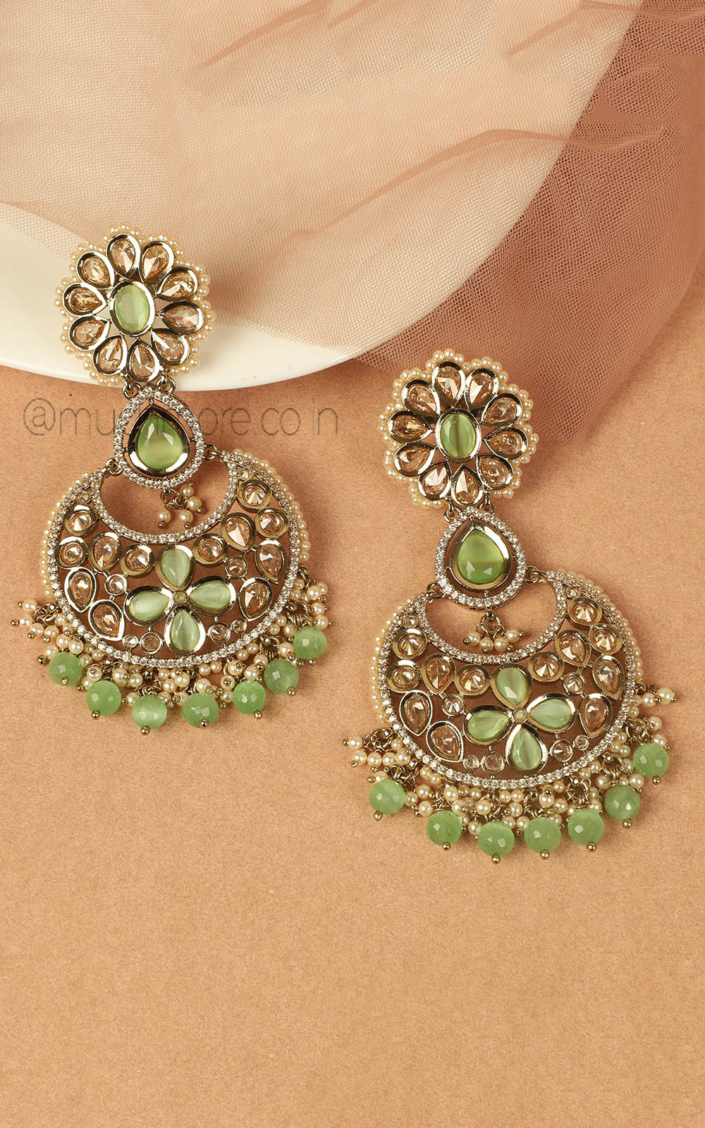 Antique Gold Mint Green Traditional Earrings For Women