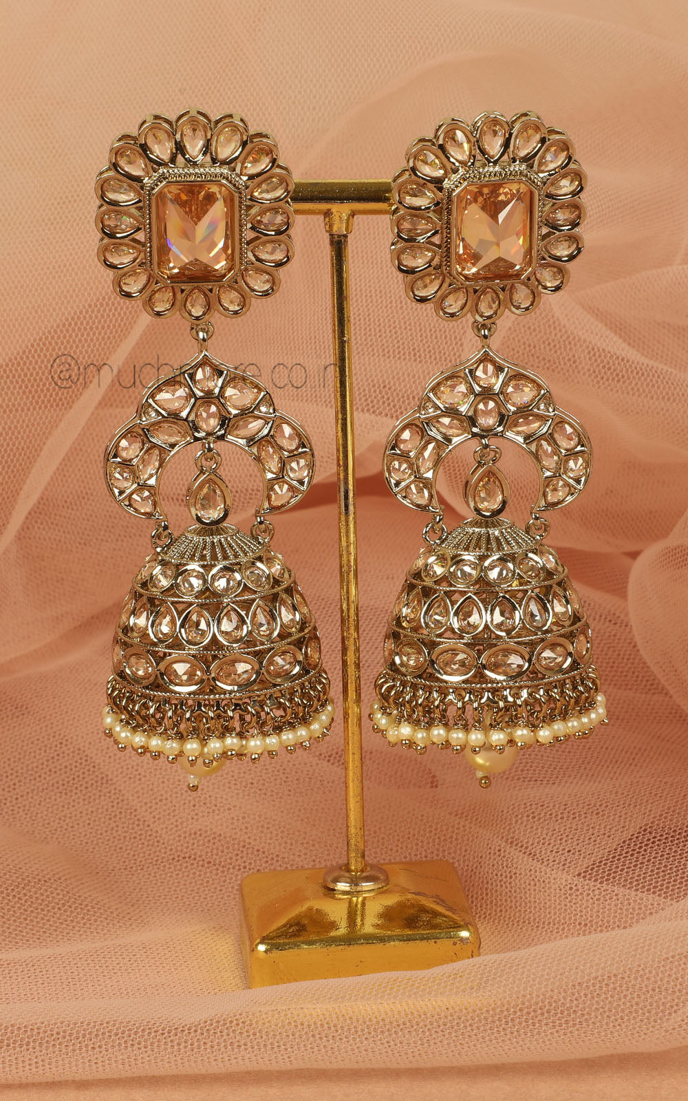 Reverse AD Antique Gold Polish Long Jhumka Earrings