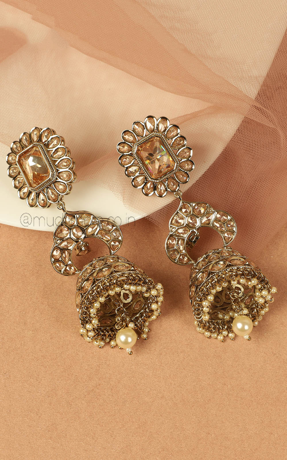 Reverse AD Antique Gold Polish Long Jhumka Earrings
