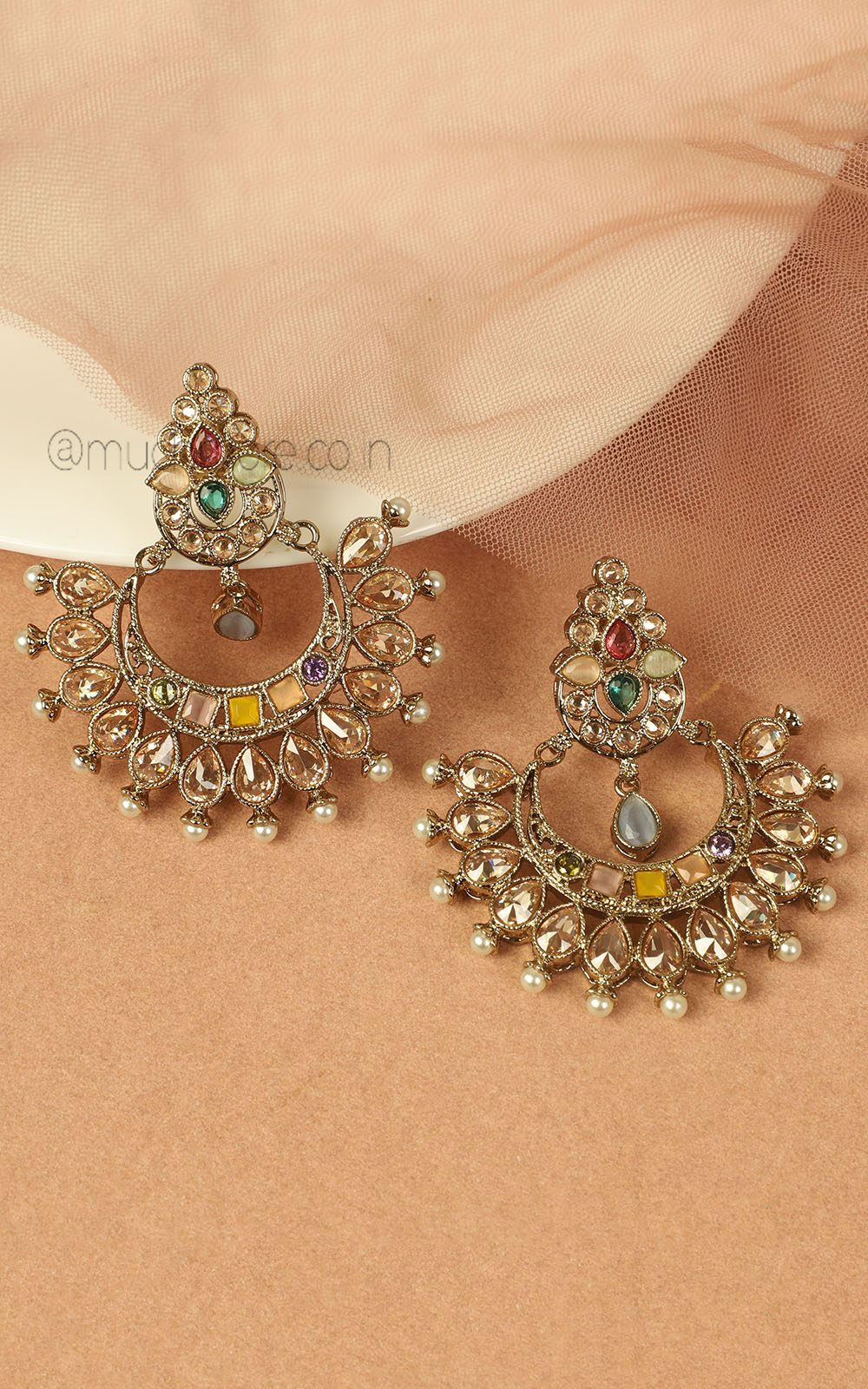 Multi Color Antique Gold Chandbali Style Cute Earrings