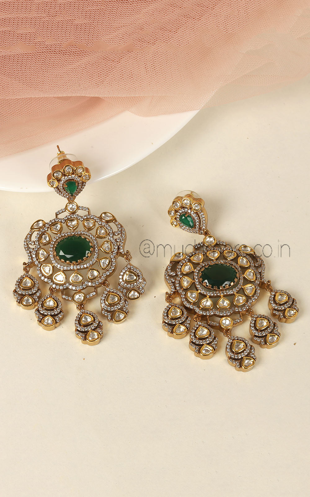 Bridal Emerald Green Earrings With Kundan & Diamond In India