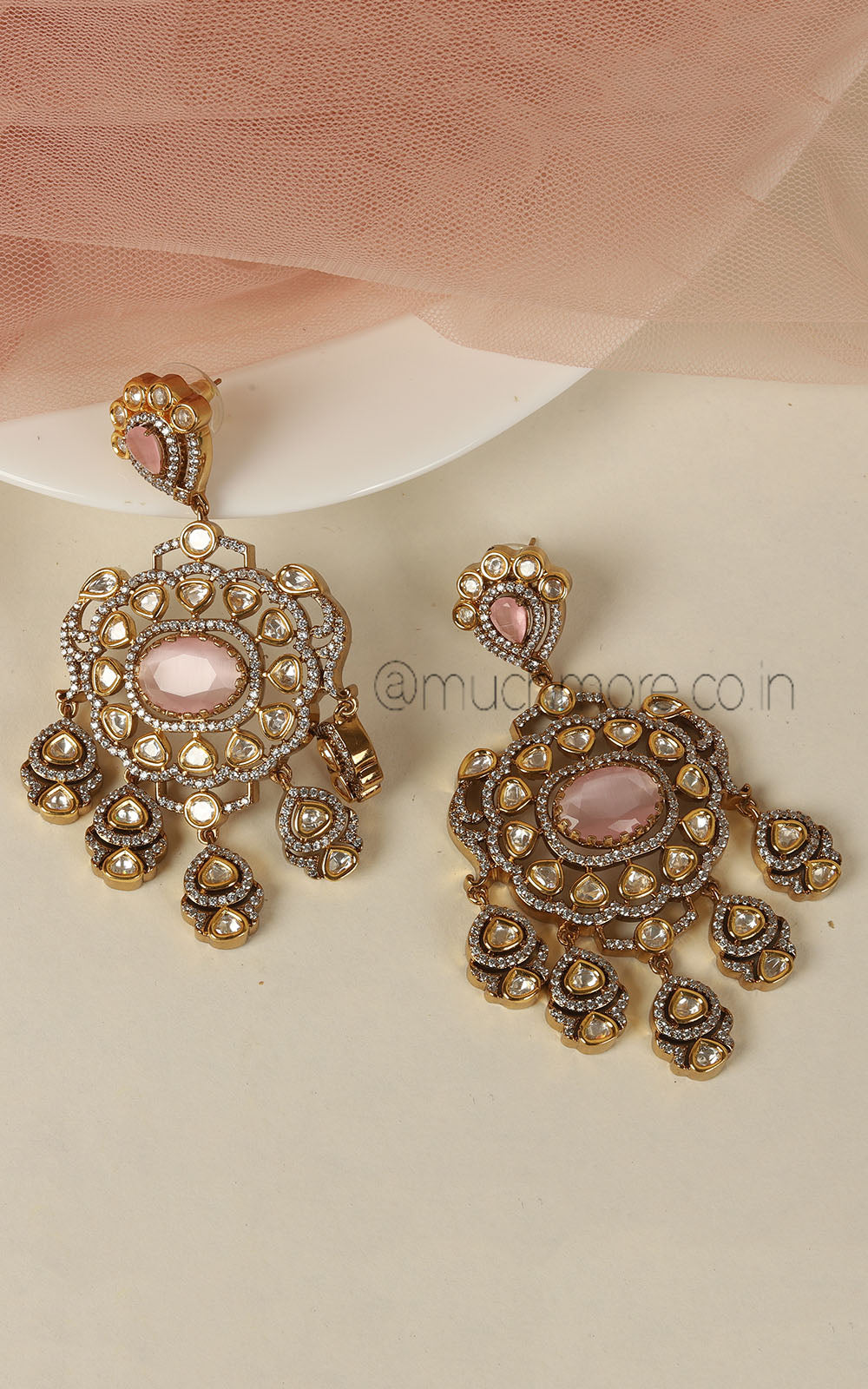 Luxury Baby Pink Color Earrings With Kundan And Diamond