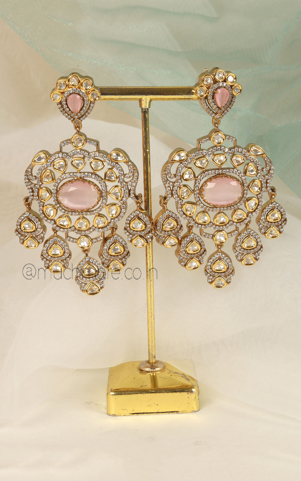 Luxury Baby Pink Color Earrings With Kundan And Diamond