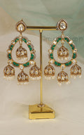 Emerald Green Kundan Polki With Rice Pearl Hanging Earrings