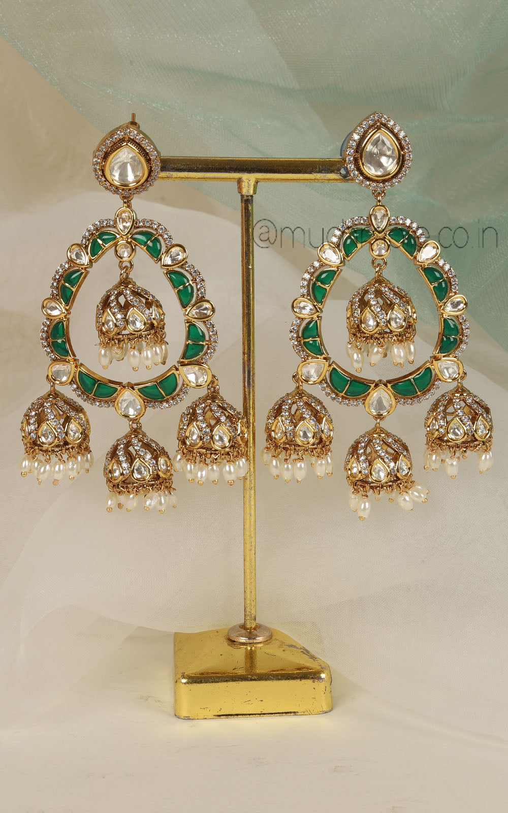 Emerald Green Kundan Polki With Rice Pearl Hanging Earrings