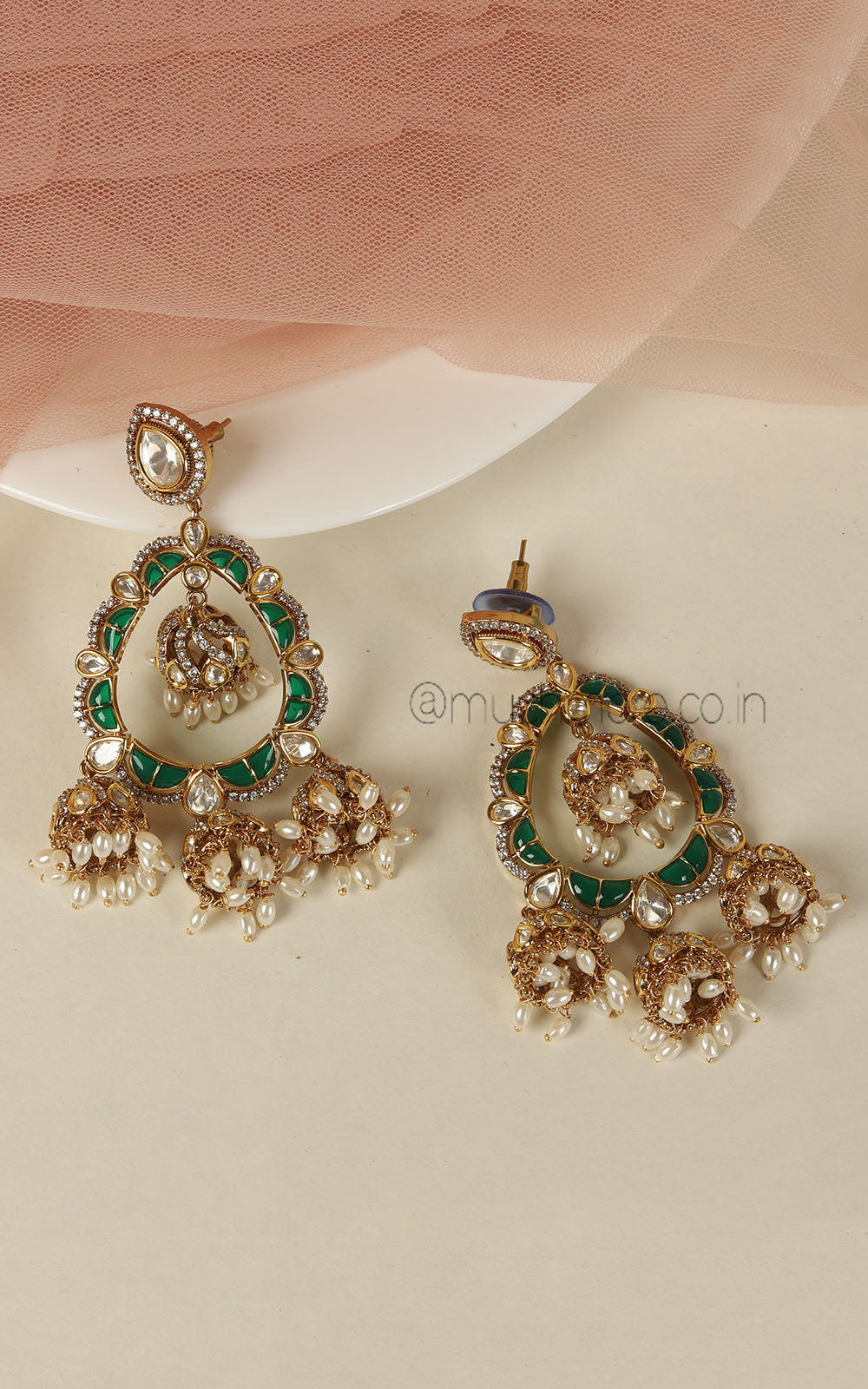 Emerald Green Kundan Polki With Rice Pearl Hanging Earrings