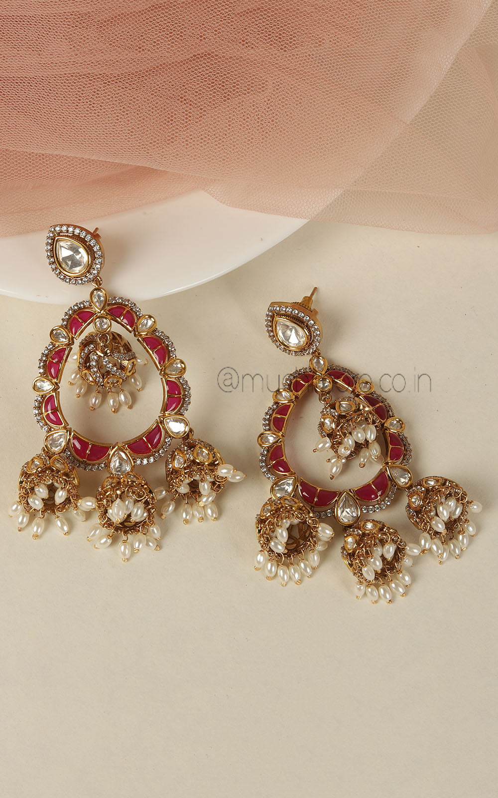Ruby Kundan Polki With Rice Pearl Hanging Earrings