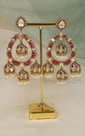 Ruby Kundan Polki With Rice Pearl Hanging Earrings