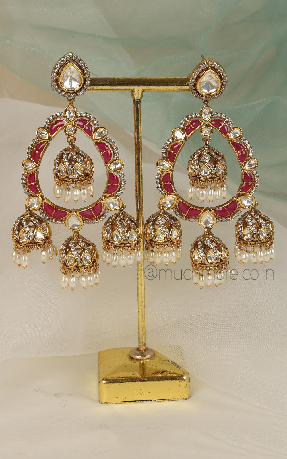 Ruby Kundan Polki With Rice Pearl Hanging Earrings